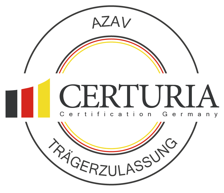 karriere tutor® AZAV CERTURIA Certification Deutschland Trägerzulassungslogo im schwarz-rot-gelben Design.